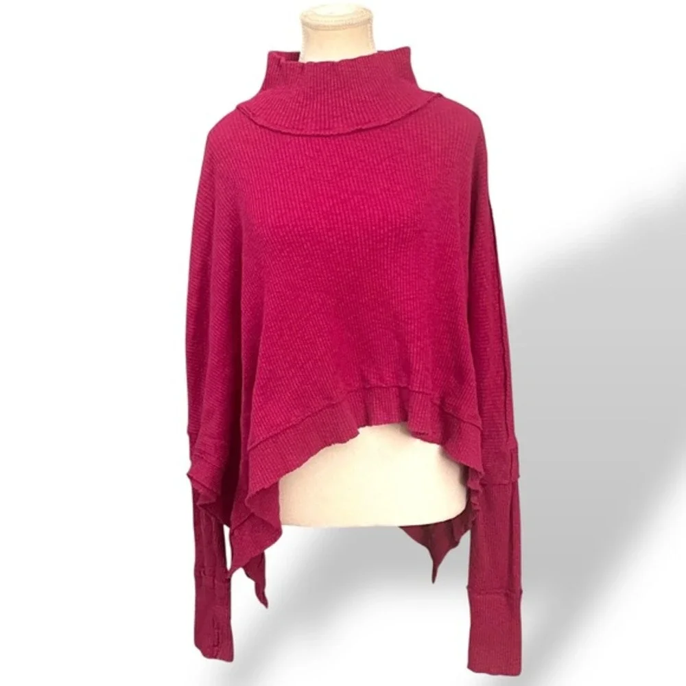 We The Free People Pink Funnel Neck Hi Low‎ Hem Knit Boho Casual Sweater Medium